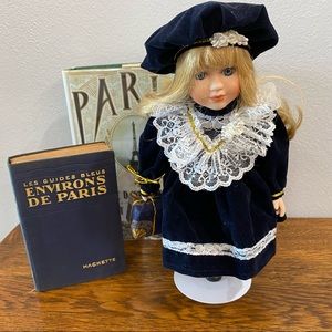 Parisian Porcelain Doll with stand Blue Velveteen Dress & Beret Collectible